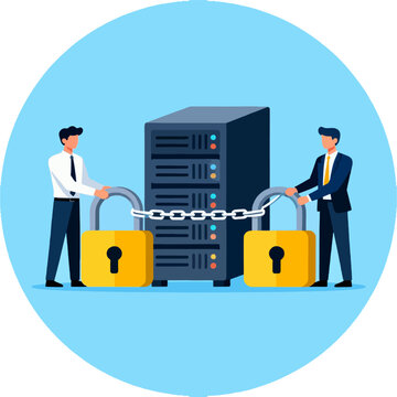 Server Security with Businessmen and Padlocks in Circle Icon &ndash; Flat Vector Illustration of Data Protection, Cyber Security and Locked Database System
