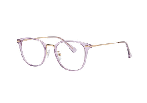Pristine clear lens eyeglasses with semi-transparent lavender plastic half-rim and gold metal details, on a transparent studio background with copy space, modern fashion accessory concept