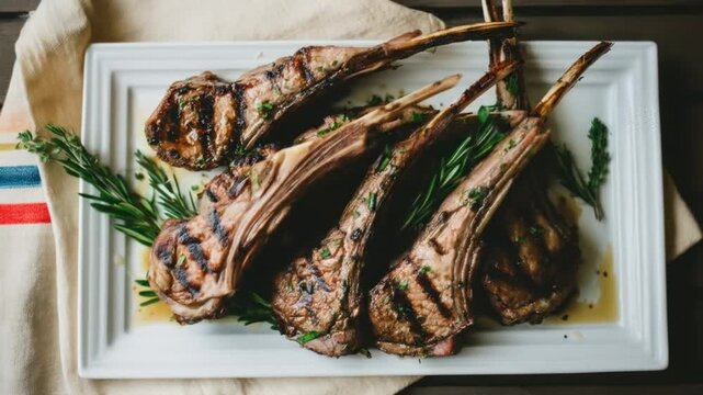 Grilled steak on white plate with rosemary overhead food photography