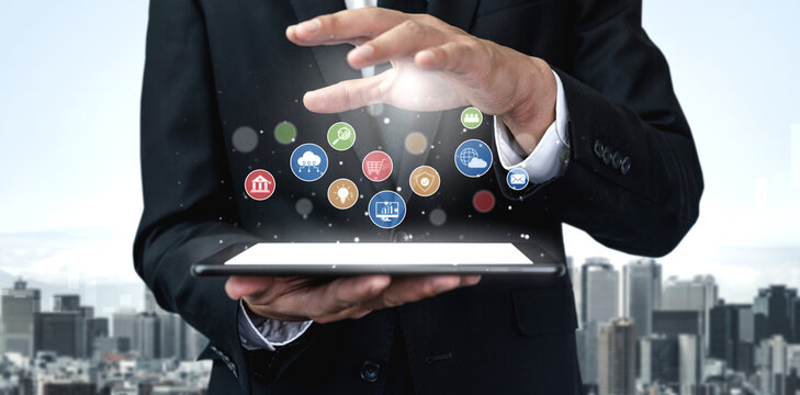 Set of business and digital service icons representing finance, cloud, analytics, email, communication, ecommerce, cybersecurity, and global connectivity in a modern ecosystem Vouch - Powered by Adobe