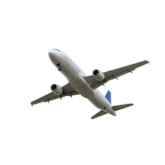 Obraz premium Airplane in flight from below isolated on transparent background