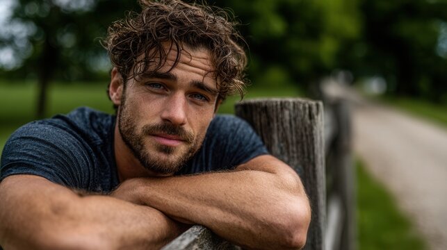 Handsome man with thoughtful expression leaning on wooden fence outdoors