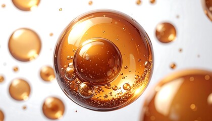 Large transparent sphere with smaller bubbles, amber-colored, floating