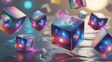 Array of Cubes with Cosmic Interiors Levitating Above a Reflective Surface galaxy nebula