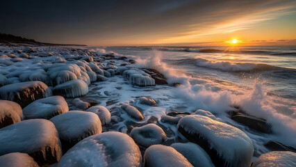 Frozen waves crashing on icy stones at serene sunset on a cold winter beach with dramatic sky