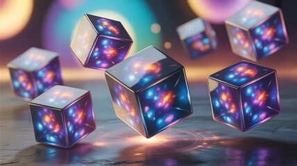 Floating Cubes with Galaxy Interiors and Glowing Orbits on Textured Surface nebula