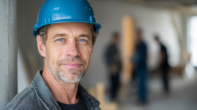 Skilled construction professional standing on a job site with blurred background workers, portraying dedication and expertise in the building industry