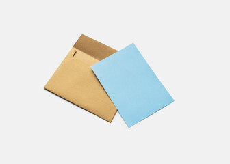 Brown Envelope with Blue Card on White Background