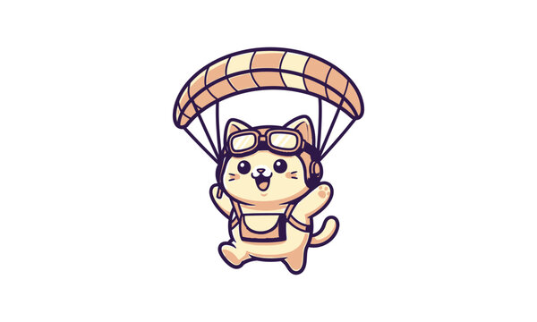 Cartoon Cat Skydiving with Parachute Illustration.