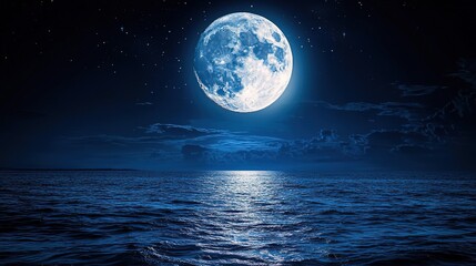 Full Moon over Tranquil Ocean at Night with Starry Sky and Clouds