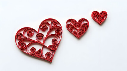 Three red hearts with intricate designs on a white background