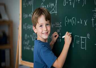 Happy boy solving math problems on a chalkboard