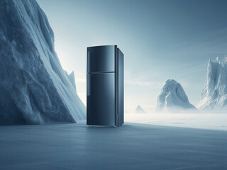 A modern refrigerator stands in a stark, frozen landscape of snow and ice. This atmospheric image highlights themes of coldness, efficiency, and advanced cooling technology.
