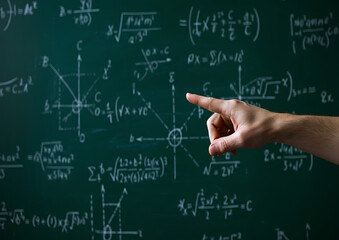 Hand pointing at mathematical equations on a chalkboard