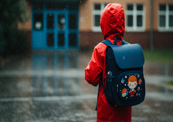 Child in Red Raincoat Standing in the Rain with Backpack