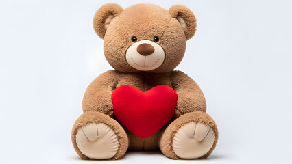 Cuddly brown teddy bear holding a red heart
