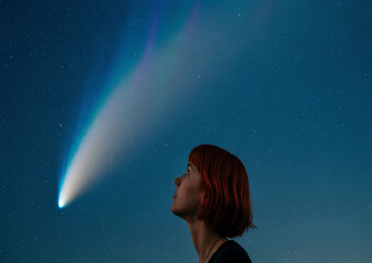 Woman gazing at a comet in a starry night sky