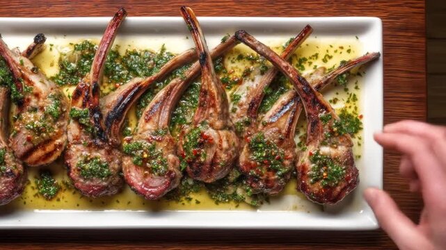Grilled lamb chops with green sauce on a rectangular plate