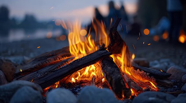 A serene outdoor setting features a warm and inviting fire pit