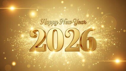 Happy new year 2026 celebration with golden sparkle and bright light flares