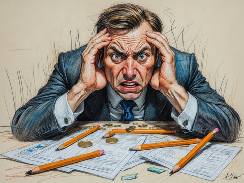 An enraged businessman strains his eyes while sitting at a messy desk. This intense illustration highlights themes of stress, pressure, and workplace frustration.
