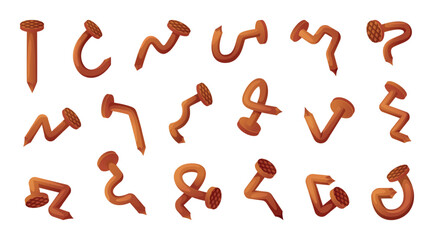 Nails. Damaged steel and rusty old curved nails exact vector cartoon illustration set isolated