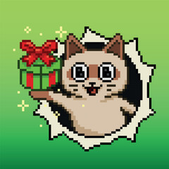 Cat delivering a Christmas present, pixel art illustration