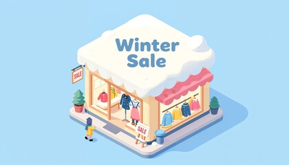Fototapeta premium Winter Sale shop with colorful clothes and snowy rooftop design 
