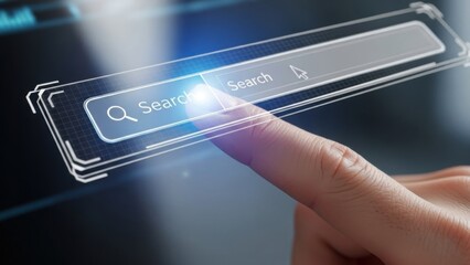 Close-up of a human finger tapping a glowing futuristic search bar on a dark digital screen, symbolizing advanced technology, data access, cybersecurity, UX design, and high-tech innovation

