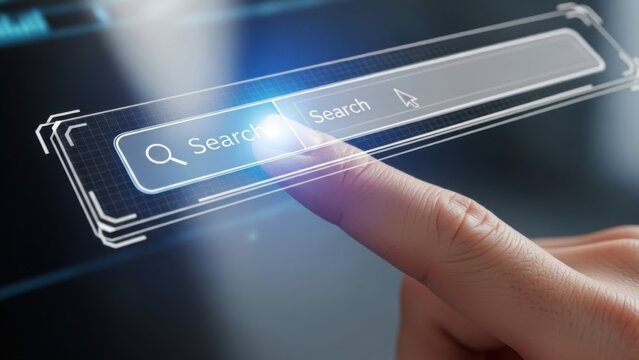 Close-up of a human finger tapping a glowing futuristic search bar on a dark digital screen, symbolizing advanced technology, data access, cybersecurity, UX design, and high-tech innovation

