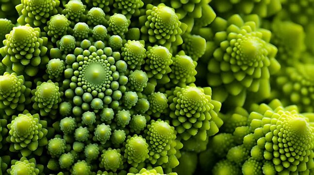 An extreme close-up view explores the mesmerizing fractal florets of a vibrant Romanesco broccoli, highlighting its natural mathematical pattern and structure