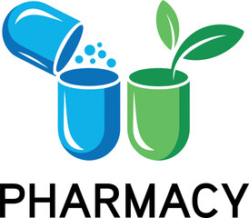pharmacy logo with blue and green capsules and leaf