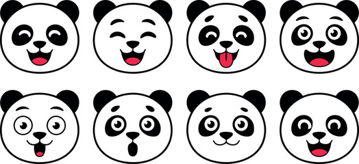 set of cute panda faces with different expressions on white © md manik hossain