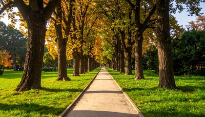 A linear pathway flanked by towering trees with vibrant foliage, bathed in sunlight, leading towards the horizon