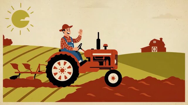 Farmer man driving a tractor on a field with barn in the background. Agriculture and farming concept with retro rustic design.