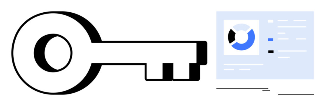 Bold black key beside a computer screen displaying circular chart and analytics data. Ideal for cybersecurity, access control, data analysis, authentication, privacy, unlocking, technology. Simple - Powered by Adobe