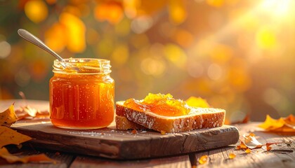 Slice of bread with orange marmalade and spoon on wooden surface with autumn leaves and warm tones