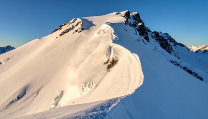 Snow-covered mountain slope with partial avalanche cascading from cornice under clear sky and sunlit terrain
