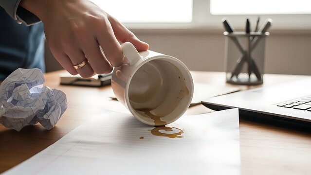 Person accidentally spills coffee on work papers