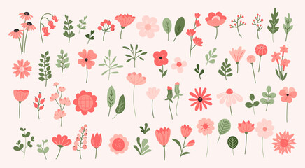 Trendy decorative Spring, Easter Flowers. Stylised wildflowers in various shapes and sizes with green leaves in a playful, hand-drawn style. Flat vector isolated, editable strokes