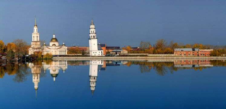 Leaning Tower, Church and damn panorama, Nevyansk, Russia