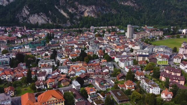 A panoramic Aerial view of the old town of the city Interlaken in Switzerland on a sunny noon in summer