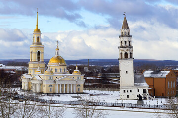 Winter in Nevyansk, famous Leaning Tower and Cathedral