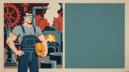Industrial worker man in a retro factory setting animation. Vintage steam engine machinery with blank space for advertising.