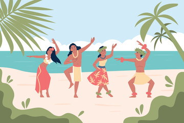 Hawaiian people. Positive hawaii characters dancing in traditional costumes on beach. Sunny day in tropic, folk island dancers group, recent vector background © LadadikArt