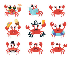 Funny crab characters. Positive crabs various situations. Summer vibes, sea world characters readings, eating, swimming. Underwater animals classy vector set