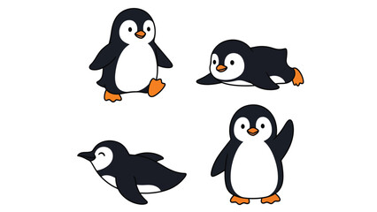 Obraz premium Modern vector illustration of penguin in various poses, cute flat polar animal set isolated on white background, ideal for kids and educational designs
