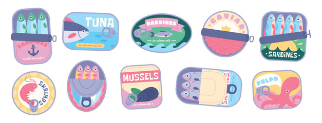 Seafood in cans. Fish shrimps octopus and caviar. Canned sardines and tuna, mussels in can. Isolated ocean food packages, food preserves, racy vector set © LadadikArt