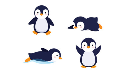Obraz premium Modern vector illustration of penguin in various poses, cute flat polar animal set isolated on white background, ideal for kids and educational designs