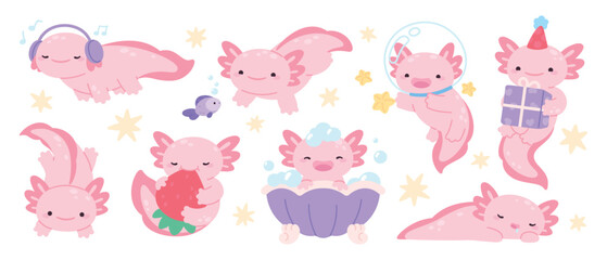 Obraz premium Cute axolotl different poses. Baby axolotls dreaming, taking bath, listen music in headphones. Funny amphibian, adorable reptiles, salamander mascots racy vector set
